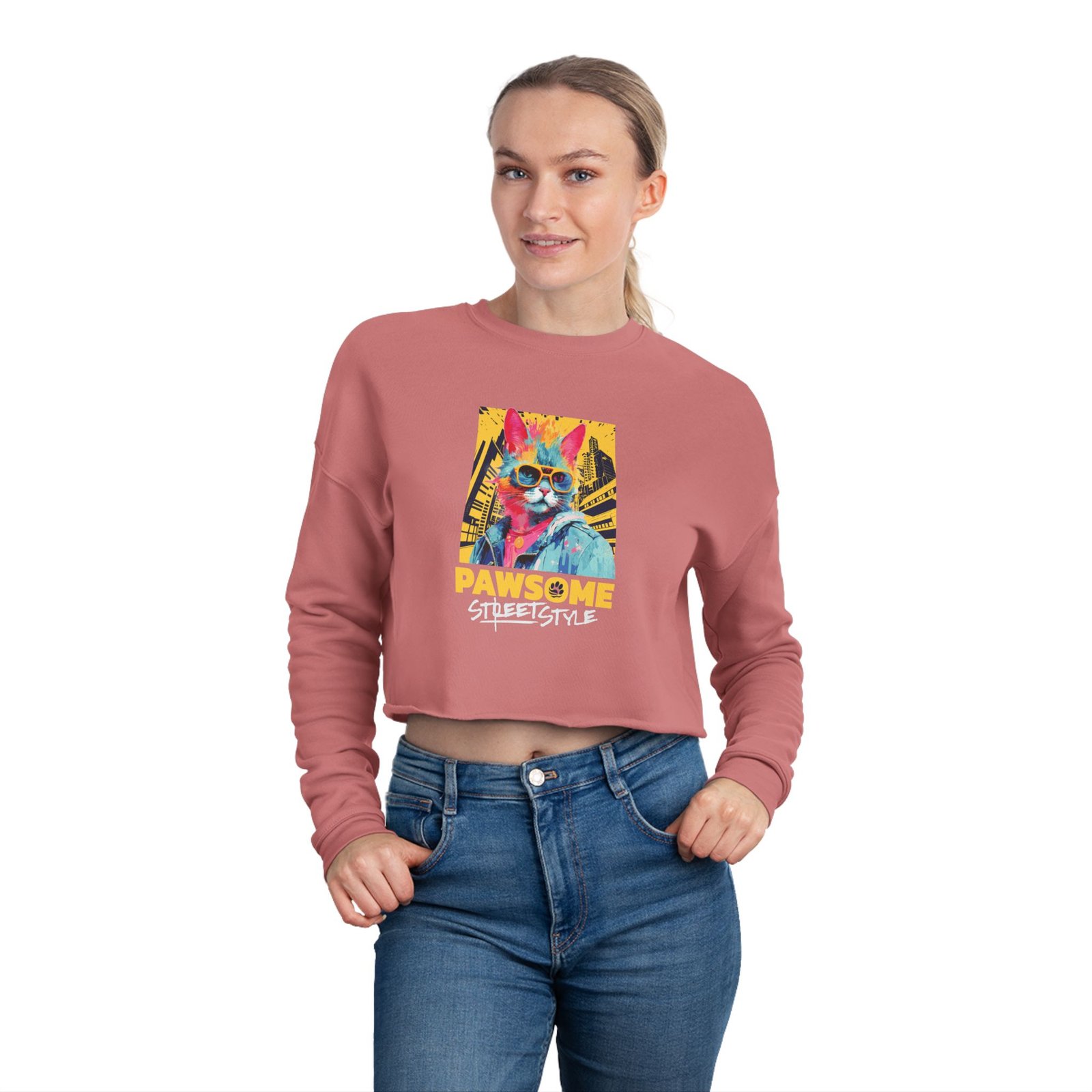 Cat Lover Cropped Sweatshirt – Trendy Street Style Feline Graphic, Relaxed Fit Cute Pet Lover Top