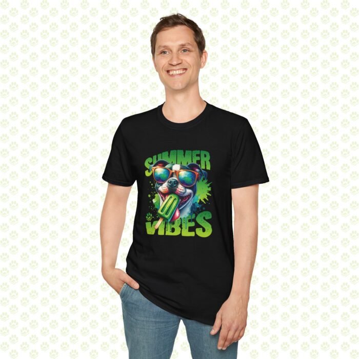 Dog Summer Vibes Unisex Softstyle T-Shirt – Cute Beach Dog Graphic Tee, Fun Pet Lover Summer Shirt