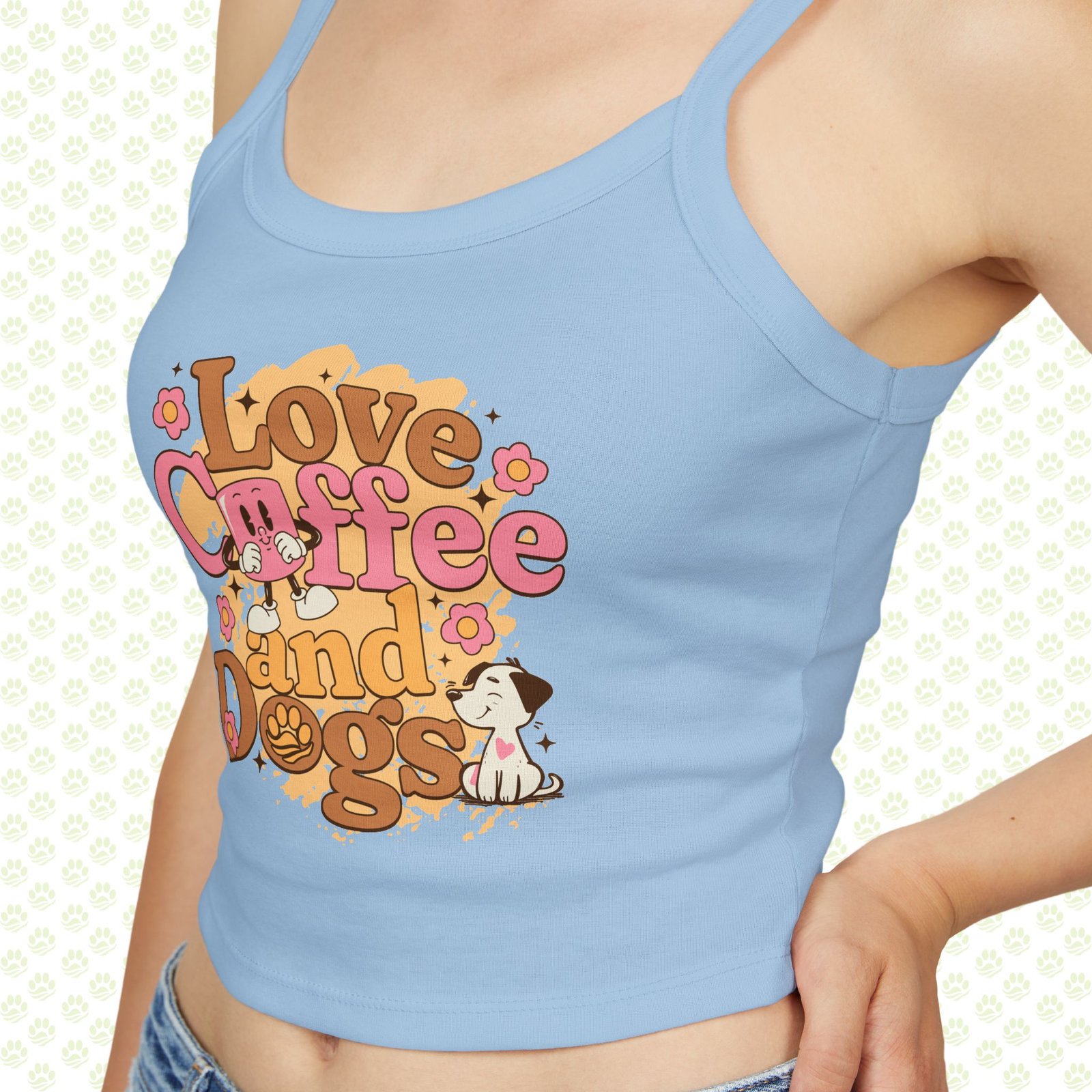 Woman’s Spaghetti Strap Tank Top – Love Coffee and Dogs, Cute Caffeine & Pet Lover Summer Cami