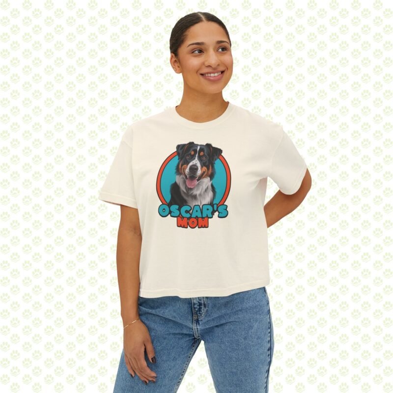 Personalized Dog Mom Women’s Boxy Tee – Custom Name, Cute Dog Graphic, Trendy Relaxed Fit Gift for Pet Moms