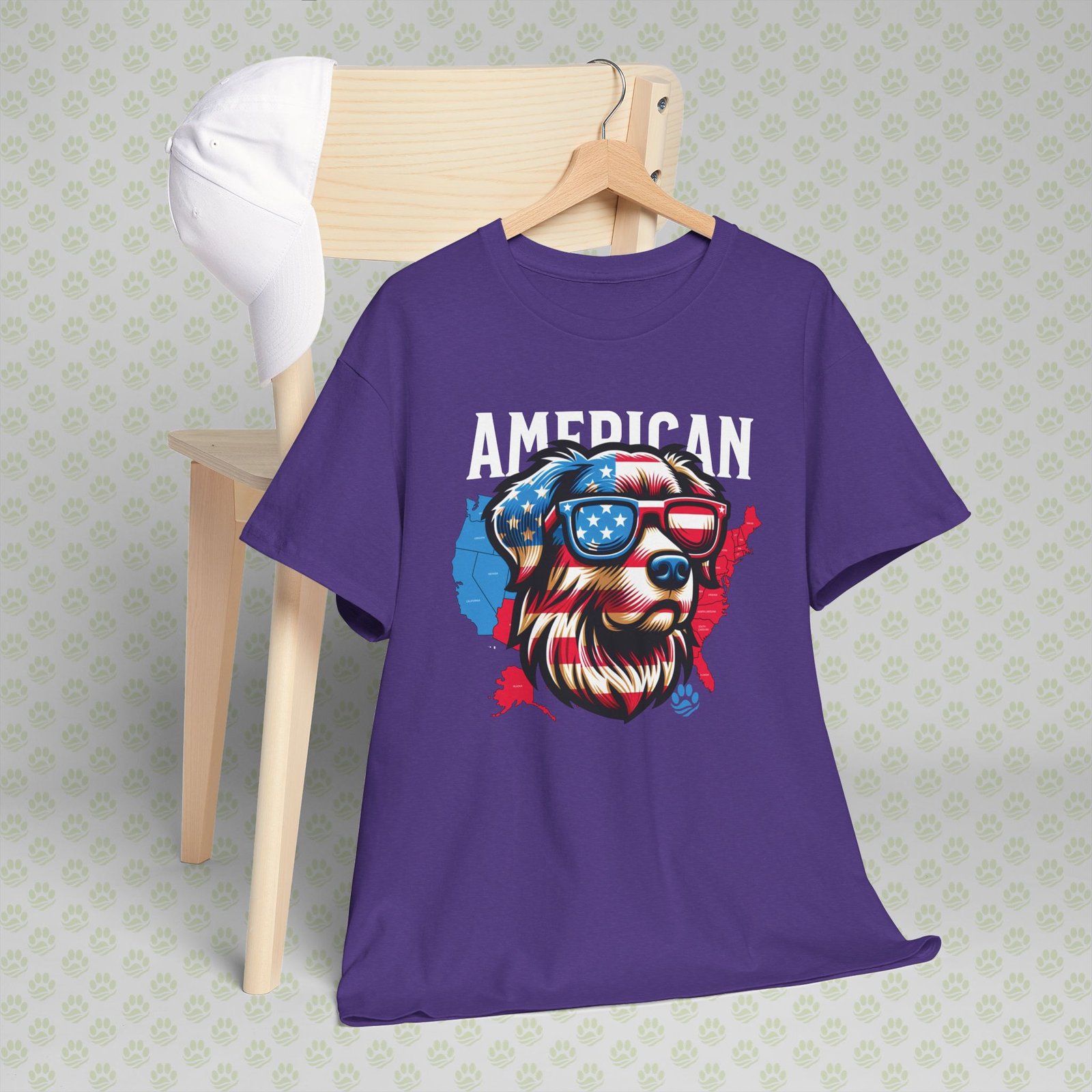 4th of July Dog Face T-Shirt – Patriotic USA Flag Dog Tee for Men & Women, Independence Day Unisex Heavy Cotton Shirt