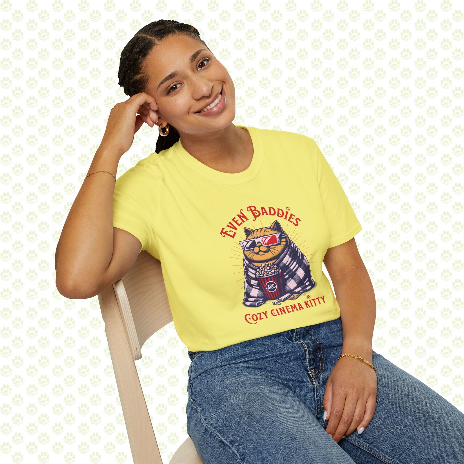 Cat Movie Night Unisex T-Shirt – Cute Popcorn Cat Graphic, Fun Movie Lover Tee for Cat Fans