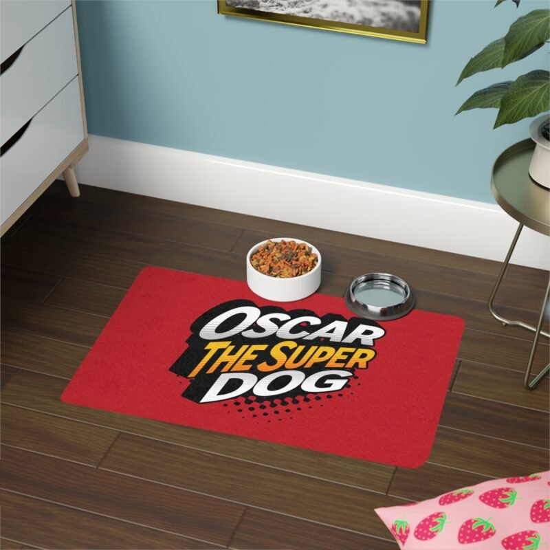 Personalized “The Super Dog” Pet Food Mat – Custom Name, Non-Slip Dog Feeding Mat, Fun Hero Design