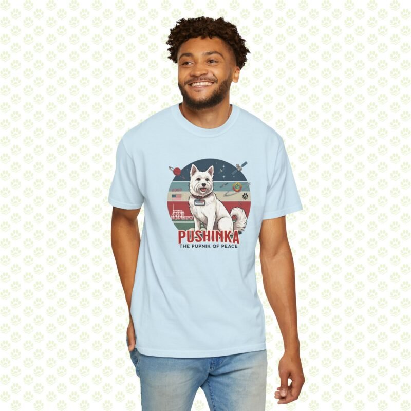 Pushinka – John F. Kennedy Unisex Garment-Dyed T-Shirt – Exclusive One-of-a-Kind Design, Legendary Space Dog Tribute