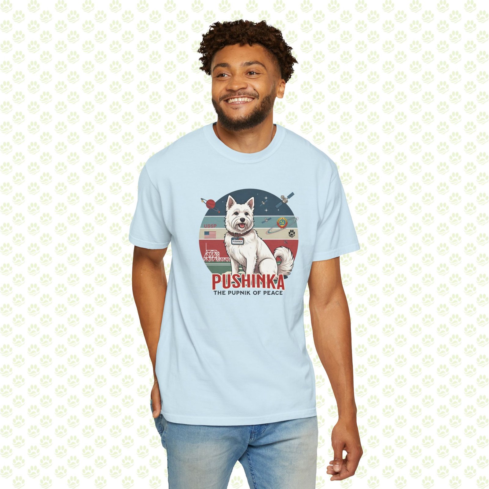 Pushinka – John F. Kennedy Unisex Garment-Dyed T-Shirt – Exclusive One-of-a-Kind Design, Legendary Space Dog Tribute