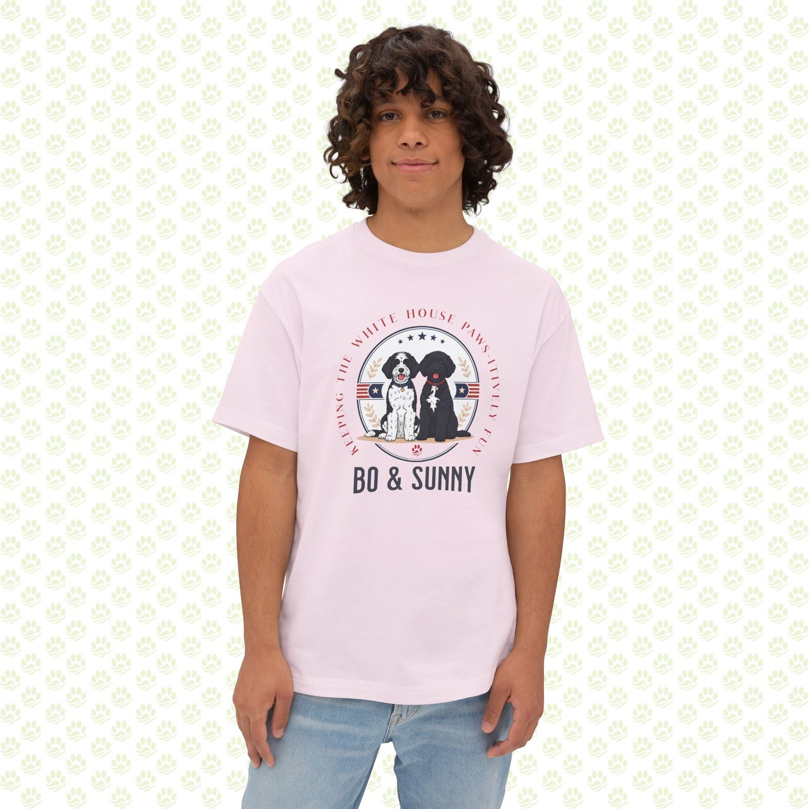 Bo & Sunny – The Obamas Unisex Oversized Boxy Tee – One-of-a-Kind Exclusive White House Paws-itively Fun Design