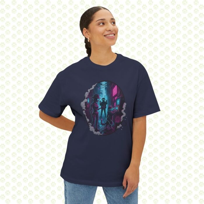 Neon Noir Detective Duo Unisex Oversized Boxy Tee – One-of-a-Kind Retro-Futurist Mystery Art Shirt - Image 8