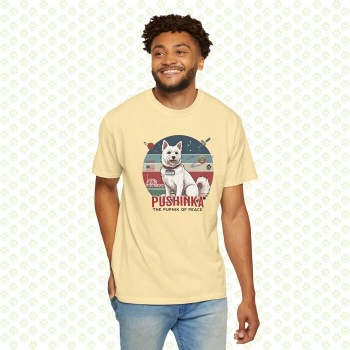 Pushinka – John F. Kennedy Unisex Garment-Dyed T-Shirt – Exclusive One-of-a-Kind Design, Legendary Space Dog Tribute - Image 6