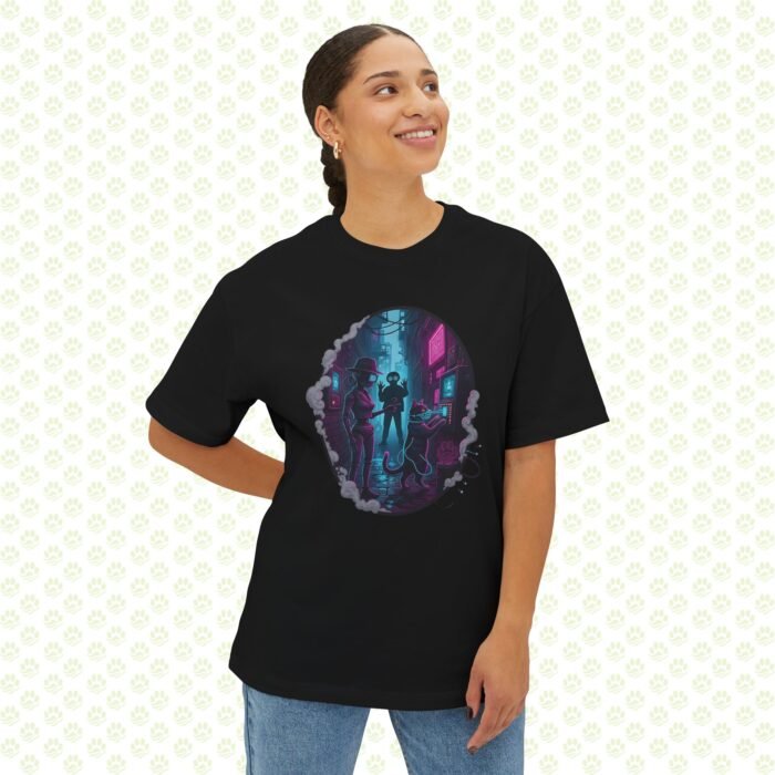 Neon Noir Detective Duo Unisex Oversized Boxy Tee – One-of-a-Kind Retro-Futurist Mystery Art Shirt - Image 2