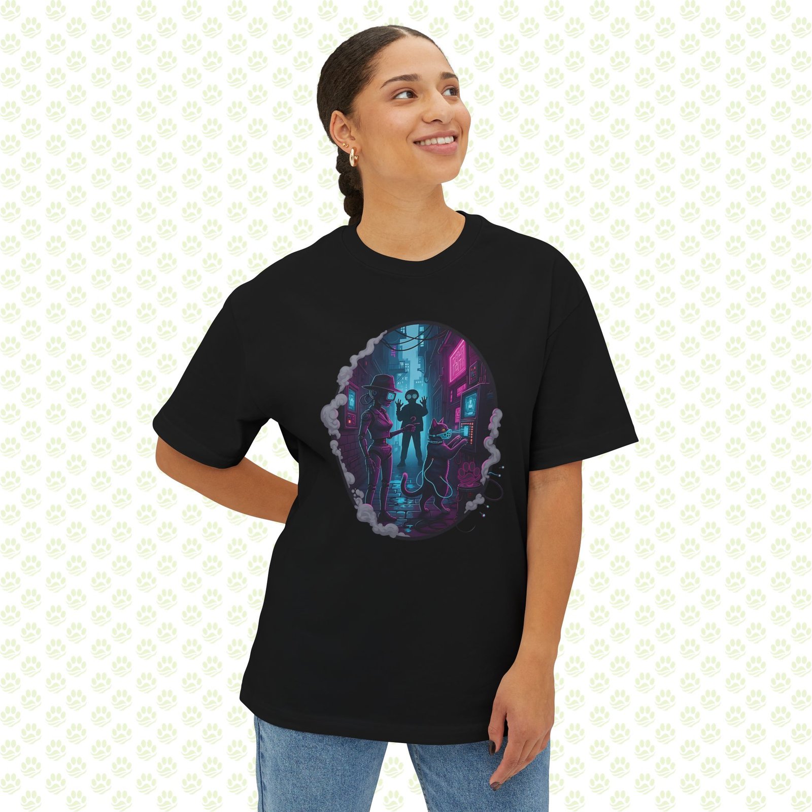 Neon Noir Detective Duo Unisex Oversized Boxy Tee – One-of-a-Kind Retro-Futurist Mystery Art Shirt