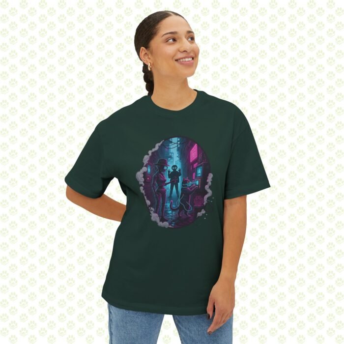 Neon Noir Detective Duo Unisex Oversized Boxy Tee – One-of-a-Kind Retro-Futurist Mystery Art Shirt - Image 6