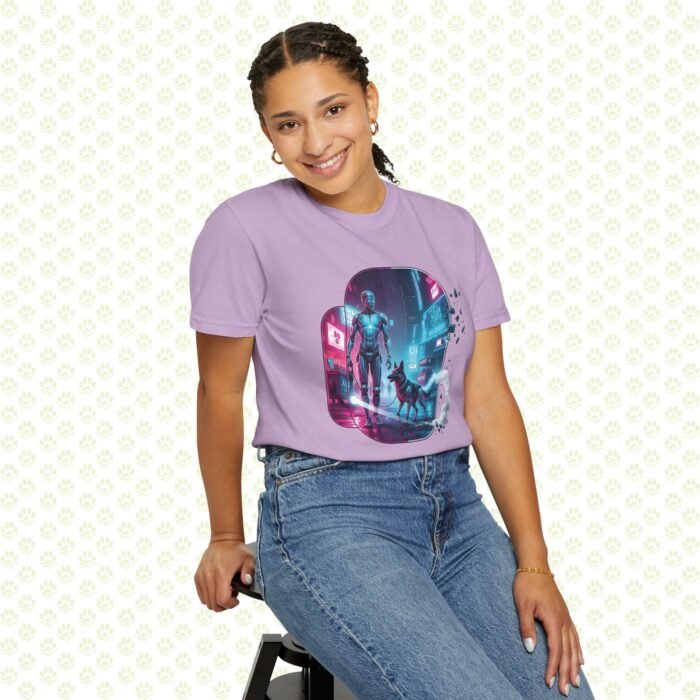 Neon Metropolis Pet Walk Unisex Garment-Dyed T-Shirt – One-of-a-Kind Cyber City Pet Art Shirt - Image 6