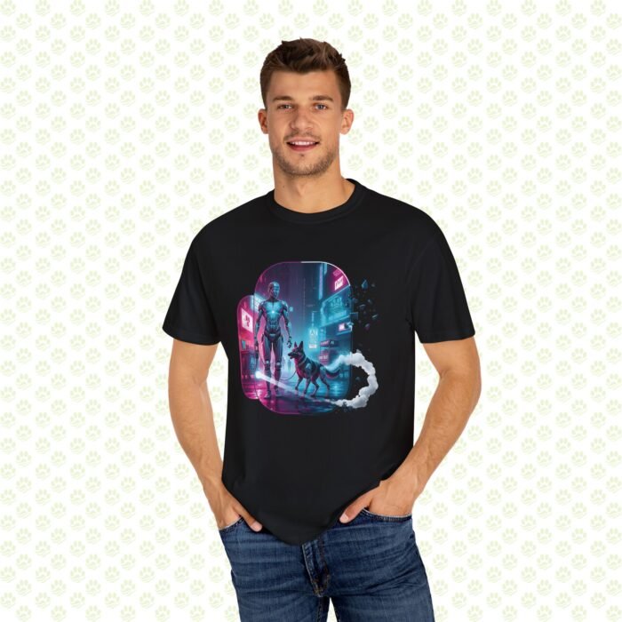 Neon Metropolis Pet Walk Unisex Garment-Dyed T-Shirt – One-of-a-Kind Cyber City Pet Art Shirt - Image 3