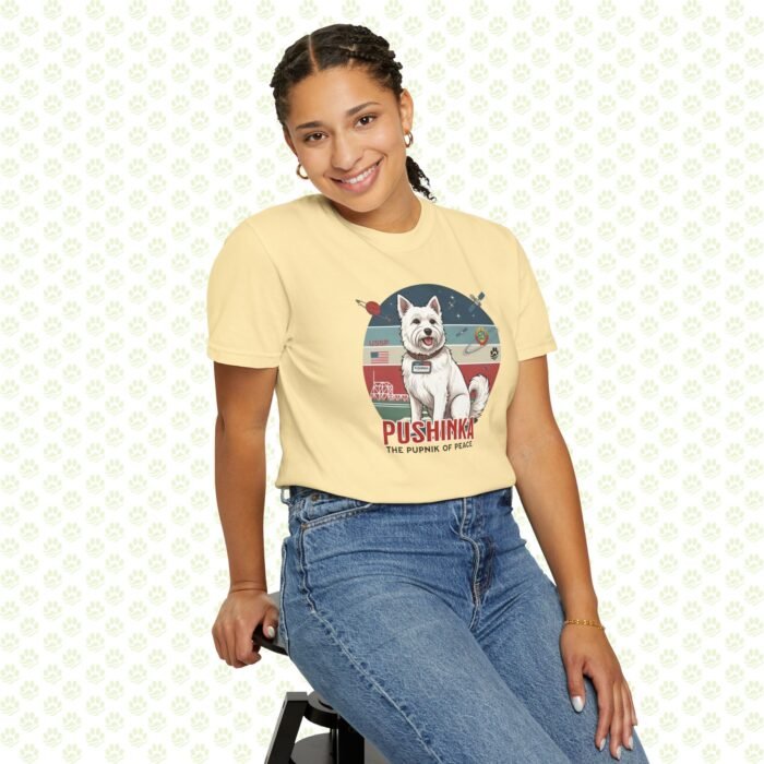 Pushinka – John F. Kennedy Unisex Garment-Dyed T-Shirt – Exclusive One-of-a-Kind Design, Legendary Space Dog Tribute - Image 5