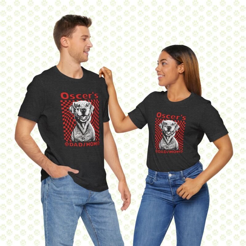 Personalized Dog’s Mom/Dad Unisex Jersey Short Sleeve Tee – Custom Name, Cute Dog Graphic, Comfortable Pet Lover Shirt