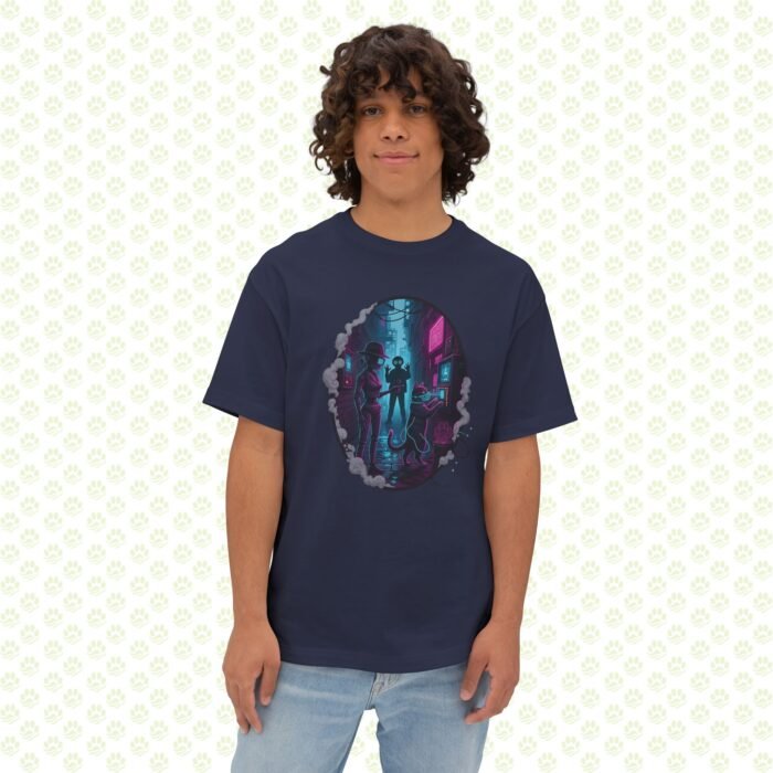 Neon Noir Detective Duo Unisex Oversized Boxy Tee – One-of-a-Kind Retro-Futurist Mystery Art Shirt - Image 7