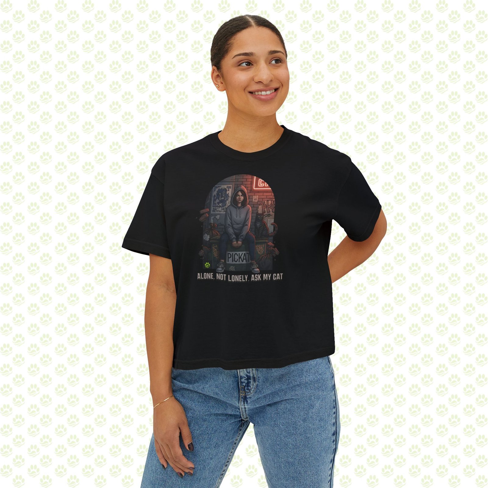 Alone, Not Lonely. Ask My Cat Women’s Boxy Tee – One-of-a-Kind Cat Lover Statement Shirt