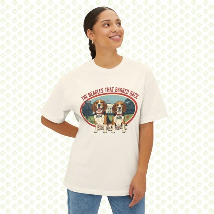 Him & Her – LBJ’s Beagles Unisex Oversized Boxy Tee – One-of-a-Kind Exclusive “Pulled by the Ears, Remembered for Years” Design - Image 6