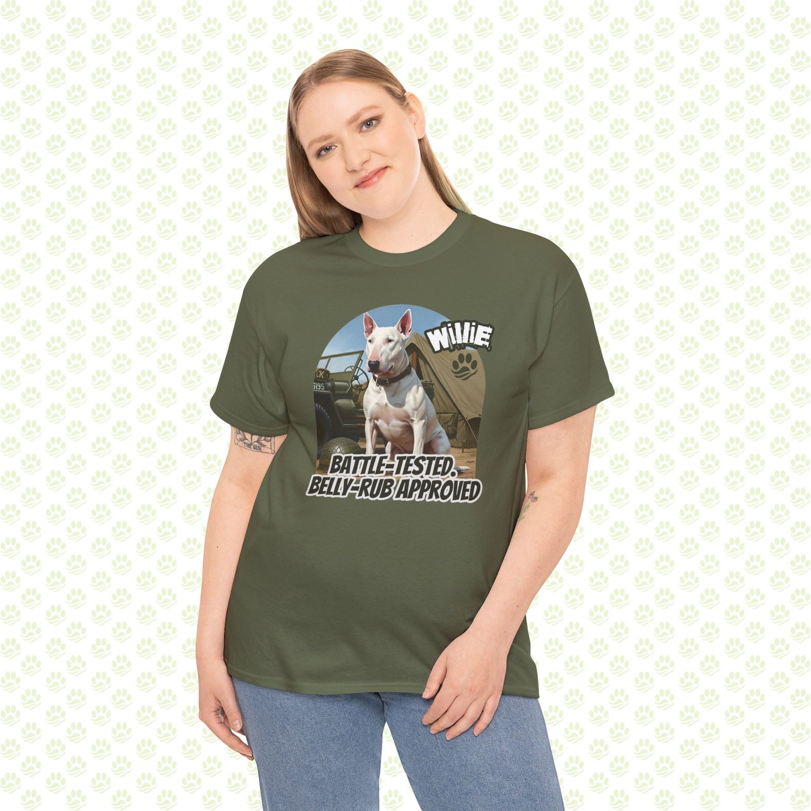 Willie “Battle-Tested. Belly-Rub Approved.” Ahistorical Dog Unisex Heavy Cotton Tee – Funny Dog Lover Shirt, Unique Pet Gift