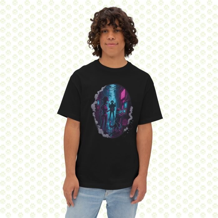 Neon Noir Detective Duo Unisex Oversized Boxy Tee – One-of-a-Kind Retro-Futurist Mystery Art Shirt