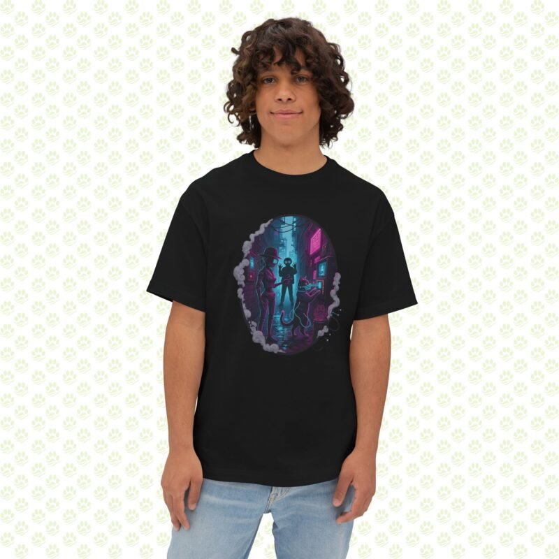 Neon Noir Detective Duo Unisex Oversized Boxy Tee – One-of-a-Kind Retro-Futurist Mystery Art Shirt