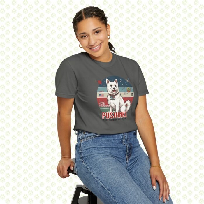 Pushinka – John F. Kennedy Unisex Garment-Dyed T-Shirt – Exclusive One-of-a-Kind Design, Legendary Space Dog Tribute - Image 7