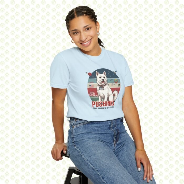 Pushinka – John F. Kennedy Unisex Garment-Dyed T-Shirt – Exclusive One-of-a-Kind Design, Legendary Space Dog Tribute - Image 2