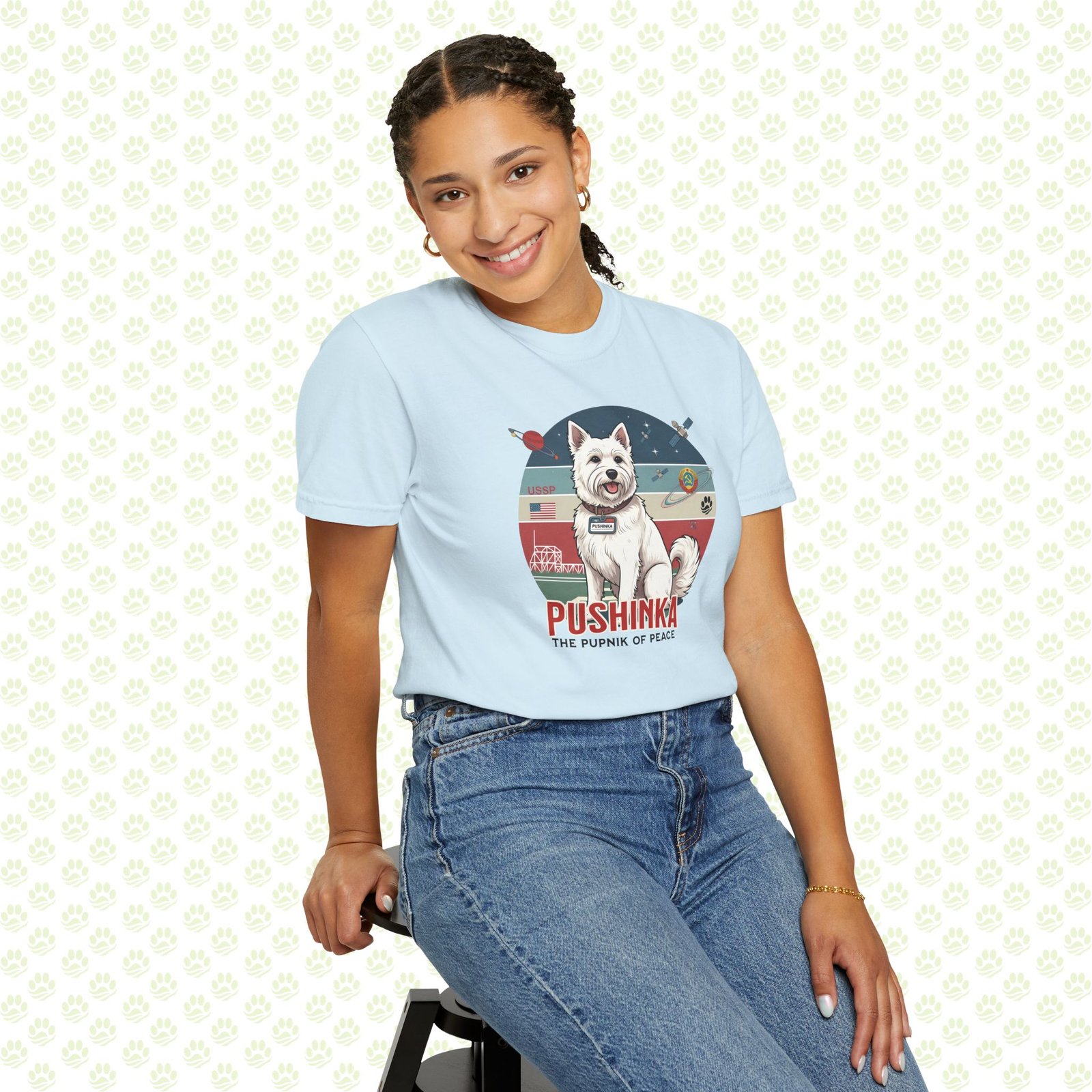 Pushinka – John F. Kennedy Unisex Garment-Dyed T-Shirt – Exclusive One-of-a-Kind Design, Legendary Space Dog Tribute