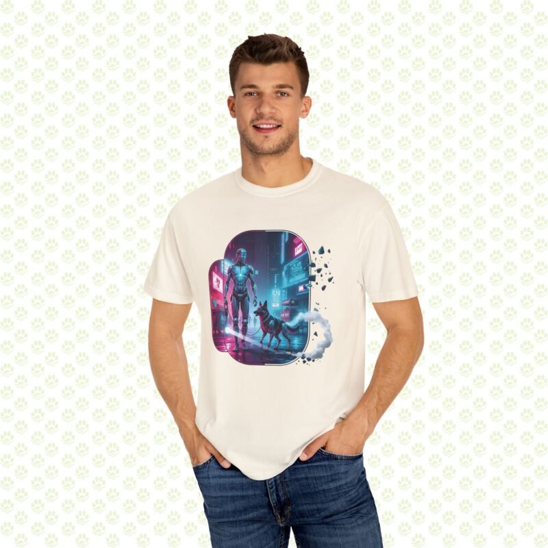 Neon Metropolis Pet Walk Unisex Garment-Dyed T-Shirt – One-of-a-Kind Cyber City Pet Art Shirt