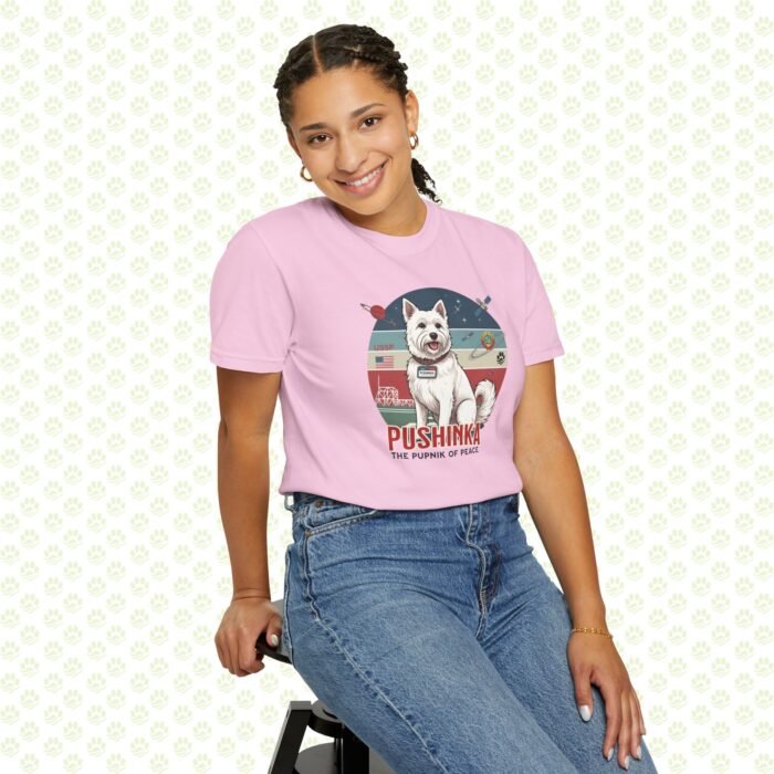 Pushinka – John F. Kennedy Unisex Garment-Dyed T-Shirt – Exclusive One-of-a-Kind Design, Legendary Space Dog Tribute - Image 11