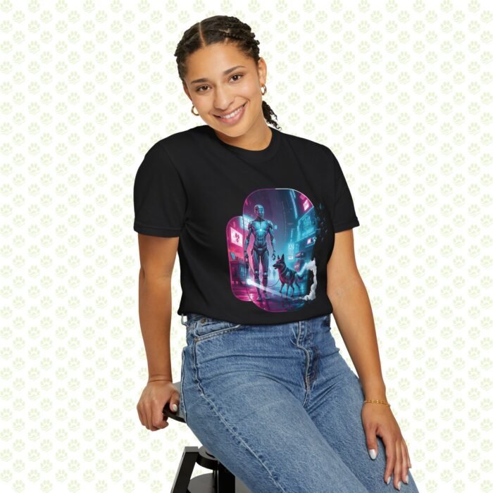 Neon Metropolis Pet Walk Unisex Garment-Dyed T-Shirt – One-of-a-Kind Cyber City Pet Art Shirt - Image 4