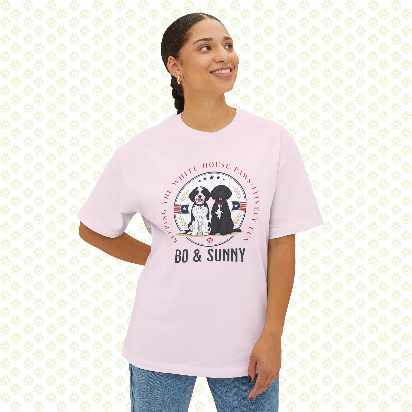 Bo & Sunny – The Obamas Unisex Oversized Boxy Tee – One-of-a-Kind Exclusive White House Paws-itively Fun Design