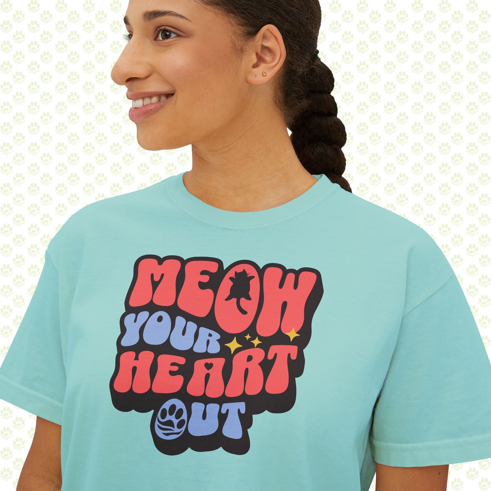 Women's Boxy Tee “Meow Your Heart Out” – Cute Cat Lover Cropped T-Shirt, Trendy Minimalist Graphic Top