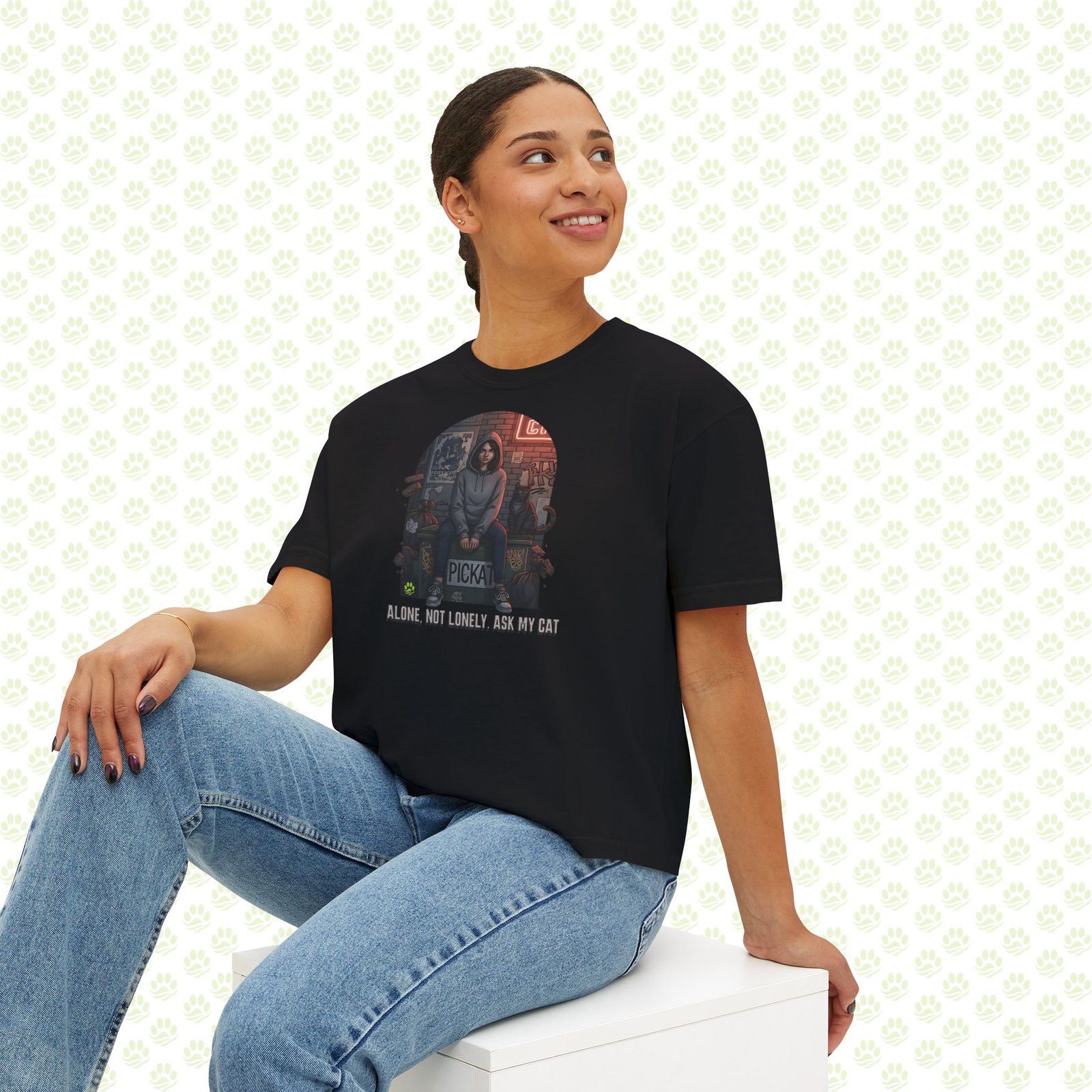 Alone, Not Lonely. Ask My Cat Women’s Boxy Tee – One-of-a-Kind Cat Lover Statement Shirt