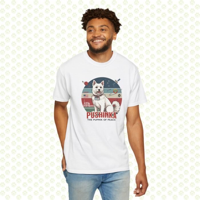 Pushinka – John F. Kennedy Unisex Garment-Dyed T-Shirt – Exclusive One-of-a-Kind Design, Legendary Space Dog Tribute - Image 4