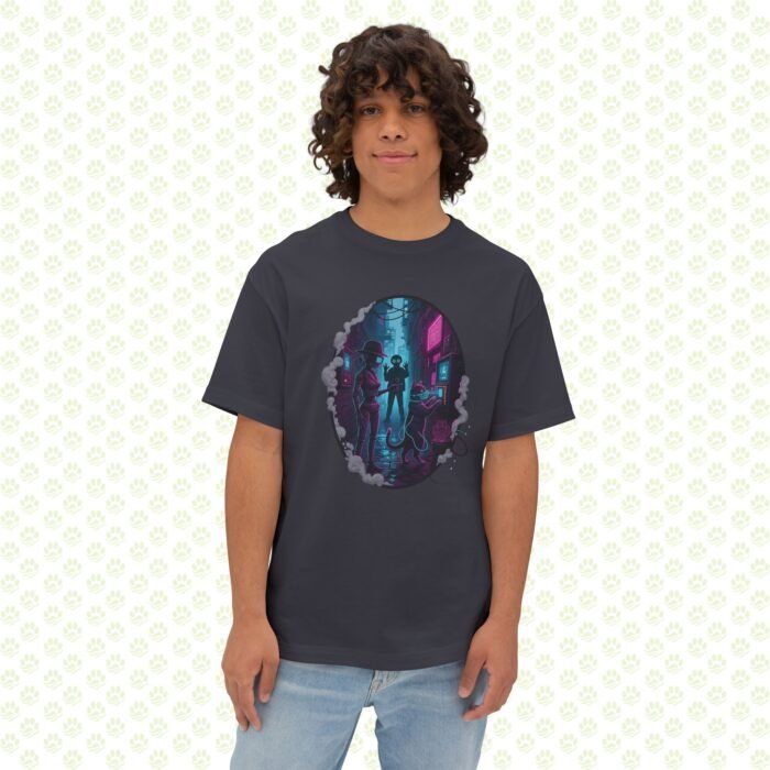 Neon Noir Detective Duo Unisex Oversized Boxy Tee – One-of-a-Kind Retro-Futurist Mystery Art Shirt - Image 3