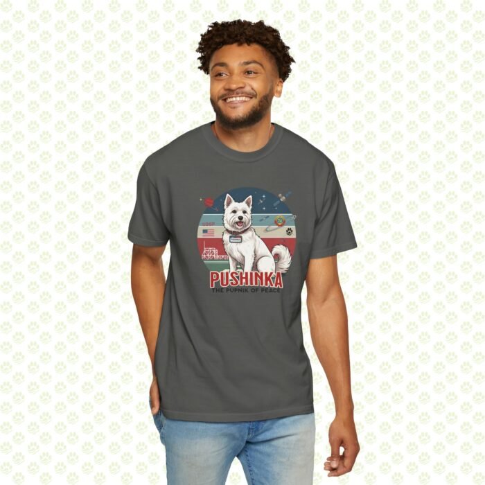 Pushinka – John F. Kennedy Unisex Garment-Dyed T-Shirt – Exclusive One-of-a-Kind Design, Legendary Space Dog Tribute - Image 8