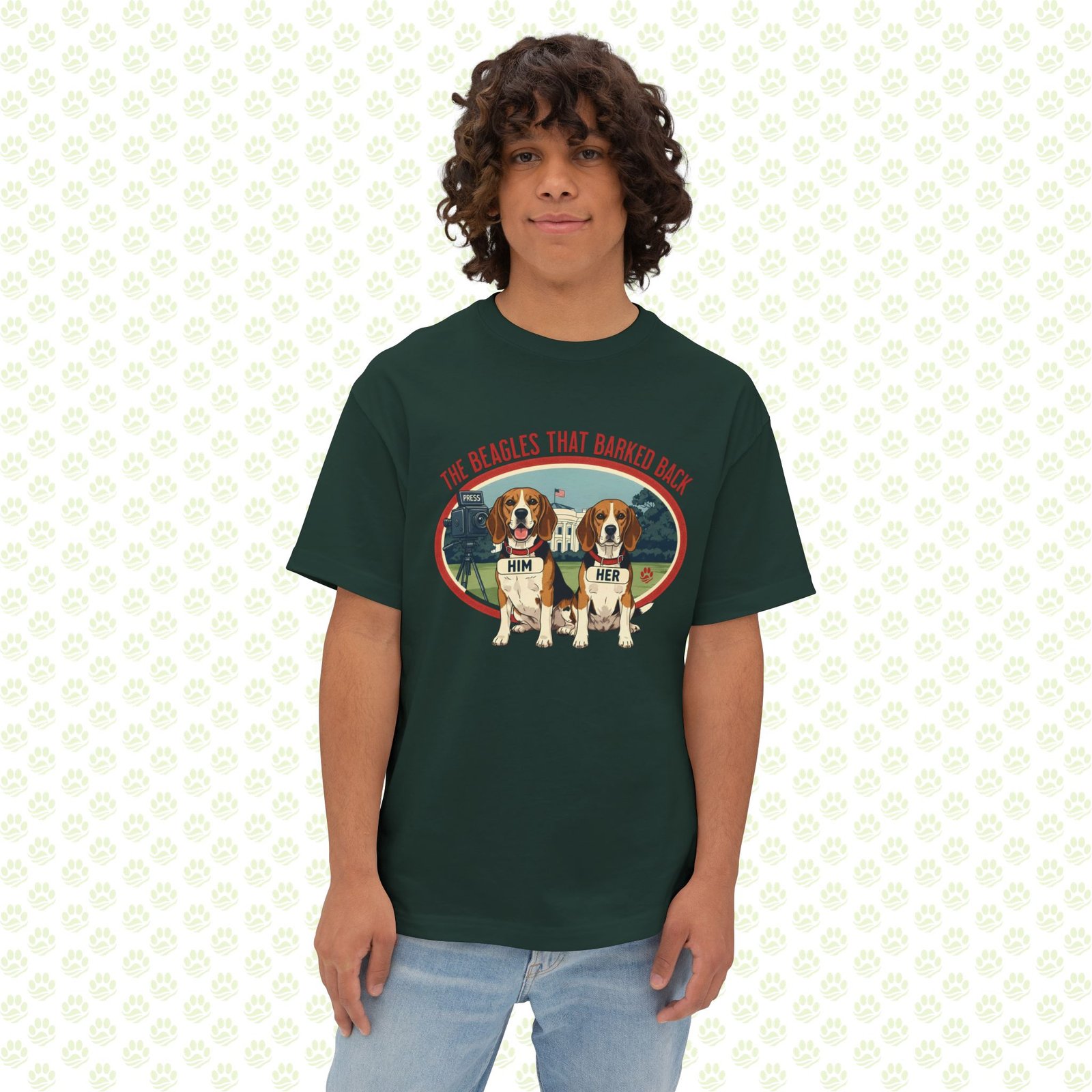 Him & Her – LBJ’s Beagles Unisex Oversized Boxy Tee – One-of-a-Kind Exclusive “Pulled by the Ears, Remembered for Years” Design