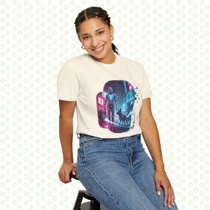 Neon Metropolis Pet Walk Unisex Garment-Dyed T-Shirt – One-of-a-Kind Cyber City Pet Art Shirt - Image 2
