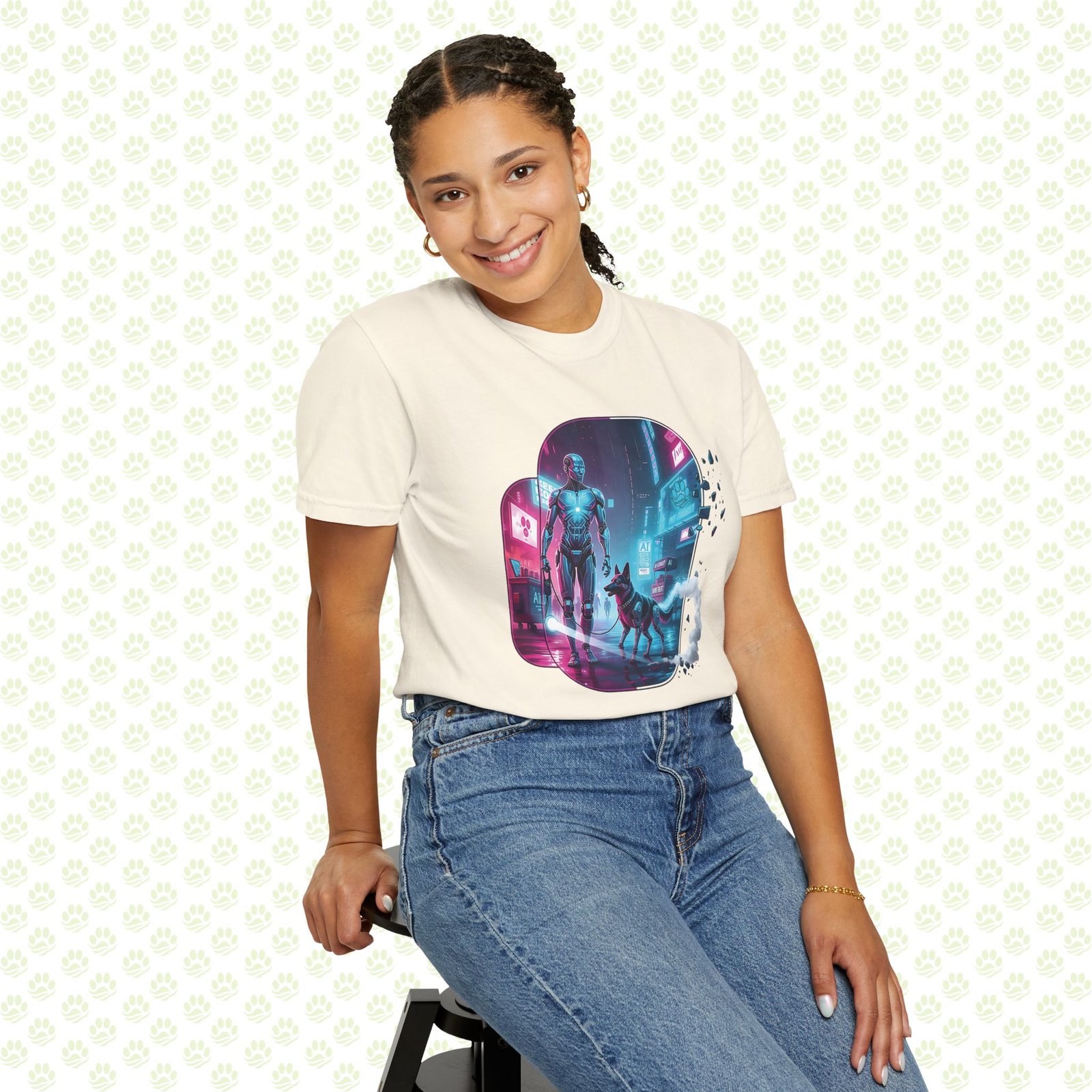 Neon Metropolis Pet Walk Unisex Garment-Dyed T-Shirt – One-of-a-Kind Cyber City Pet Art Shirt