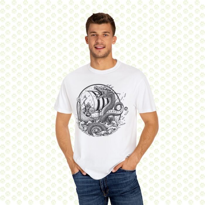 The Midgard Serpent Remembers Unisex Garment-Dyed T-Shirt – Exclusive One-of-a-Kind Viking Warrior Art Design - Image 4