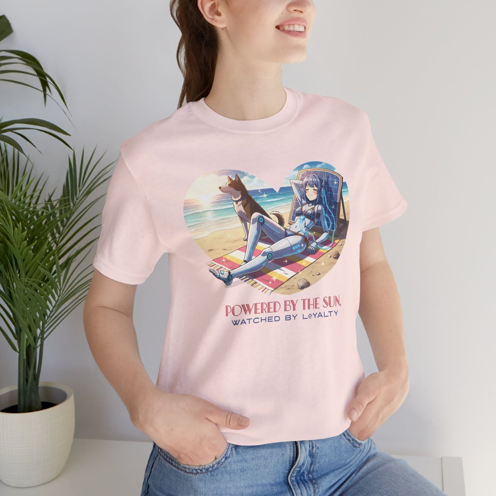 Power by Sun, Watched by Loyalty Unisex Jersey Short Sleeve Tee – One-of-a-Kind Exclusive Solar & Canine Art Shirt