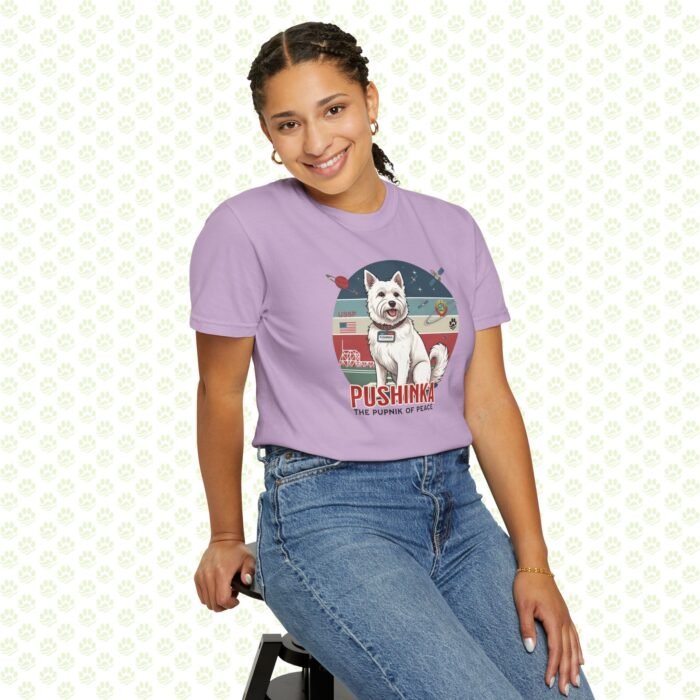 Pushinka – John F. Kennedy Unisex Garment-Dyed T-Shirt – Exclusive One-of-a-Kind Design, Legendary Space Dog Tribute - Image 9