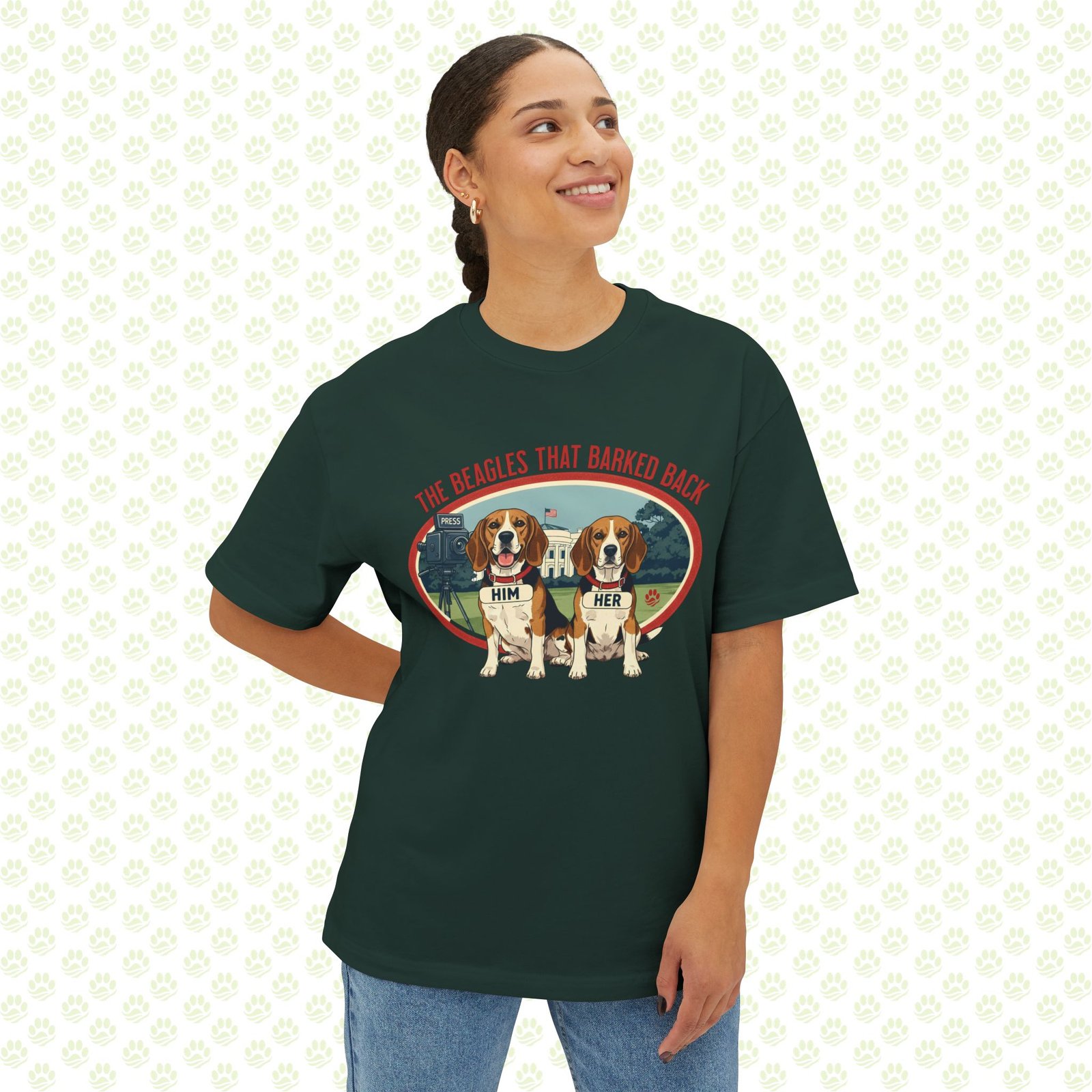Him & Her – LBJ’s Beagles Unisex Oversized Boxy Tee – One-of-a-Kind Exclusive “Pulled by the Ears, Remembered for Years” Design
